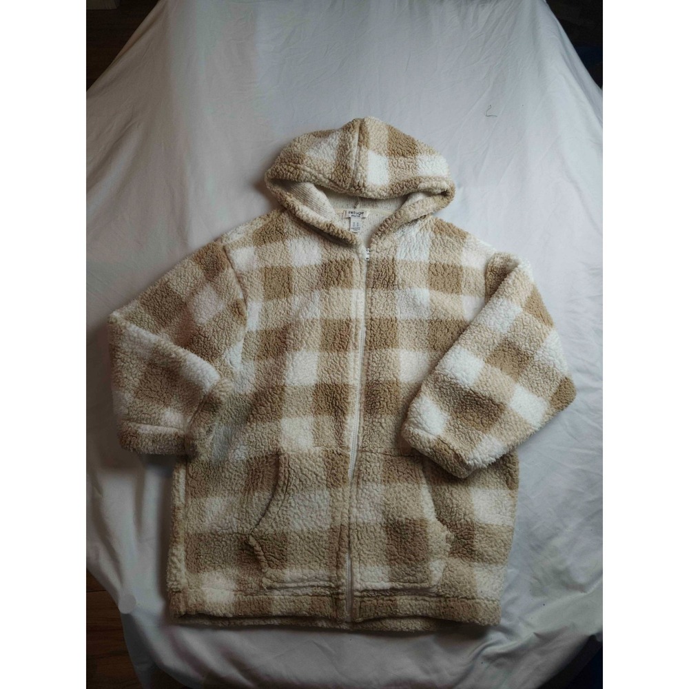 Refuge Athletics Hoodie Womens M Beige Plaid‎ Faux Faur Cozy Loungewear Winter